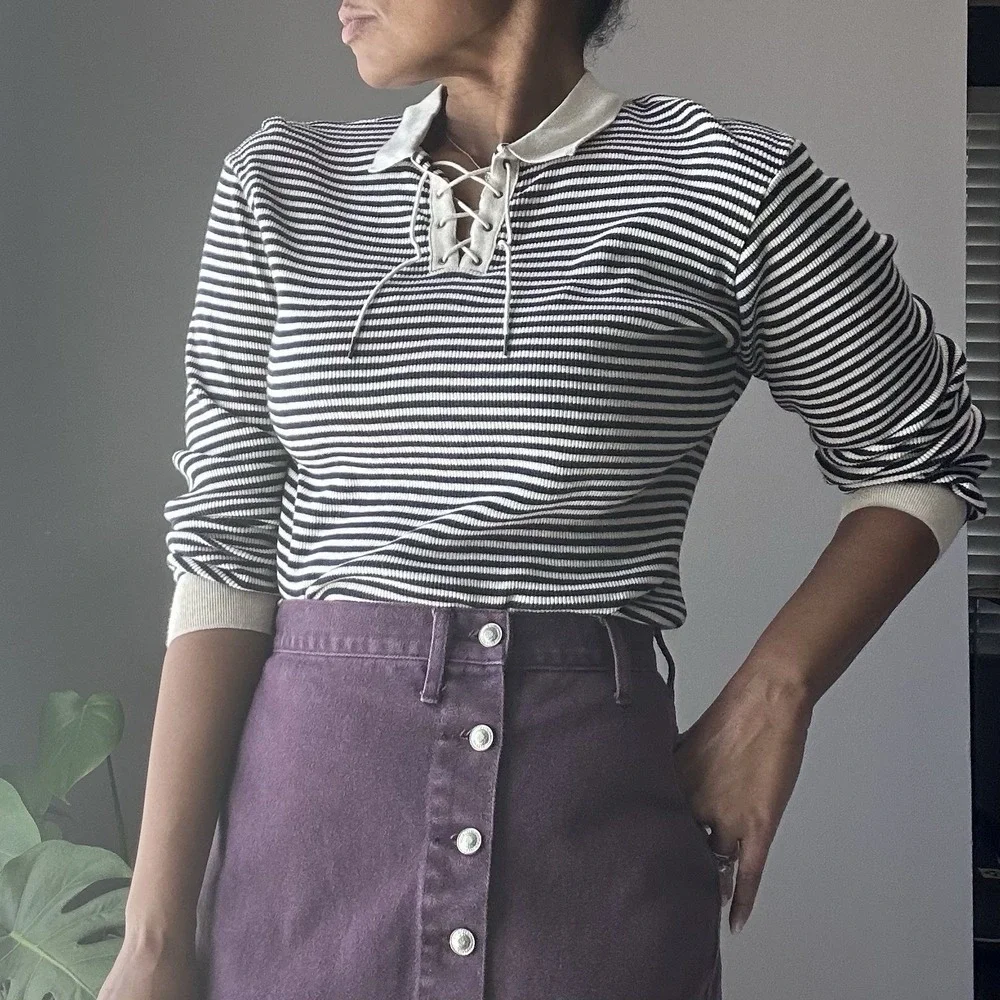 Vintage Basic Edition Lace Up Top Womens Size Small Navy Blue Stripes 90s Y2K - Picture 1 of 9